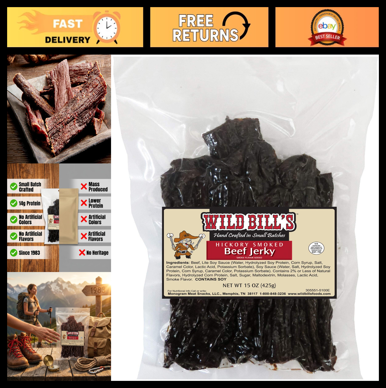 Hickory Smoked Beef Jerky Strips – 30 Count, 15 Ounce – High Protein Snack
