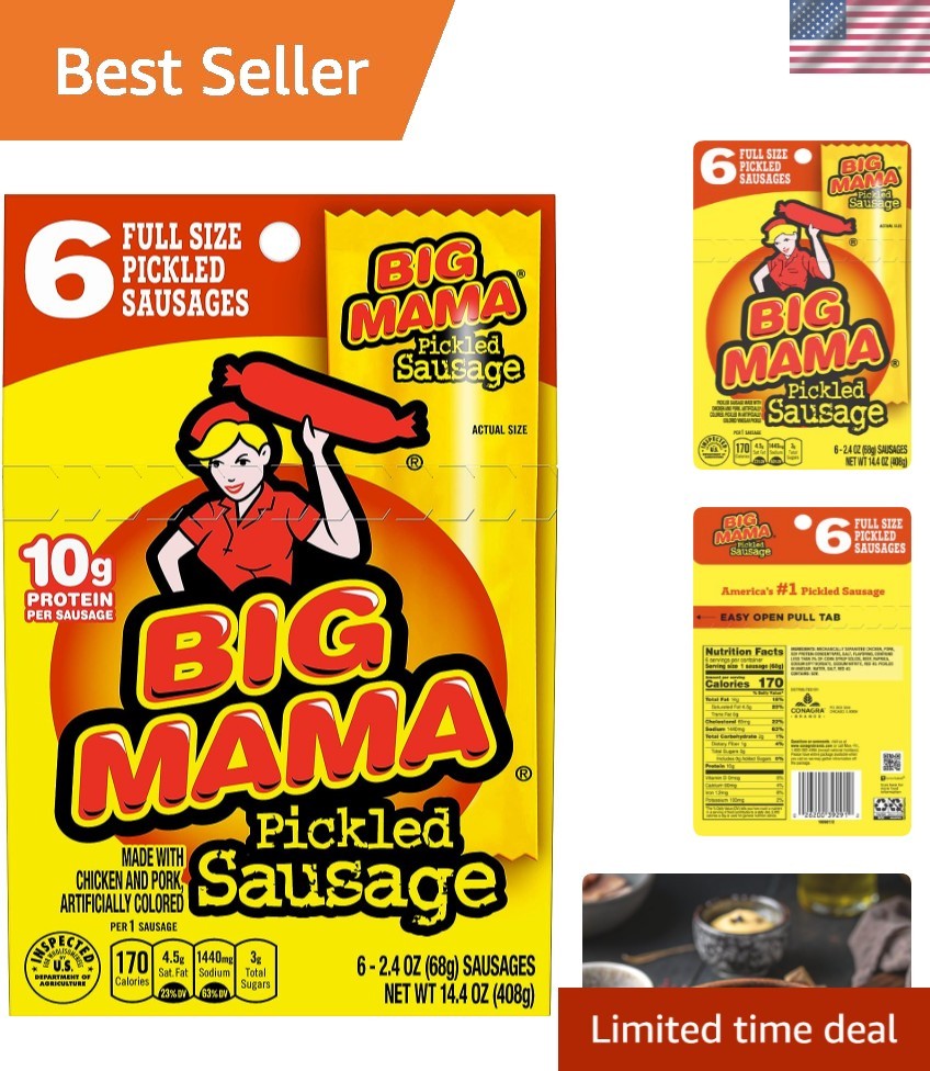 Savory Big Mama Pickled Sausages 2.4 Oz, 6 Count – Perfect On-the-Go Snack
