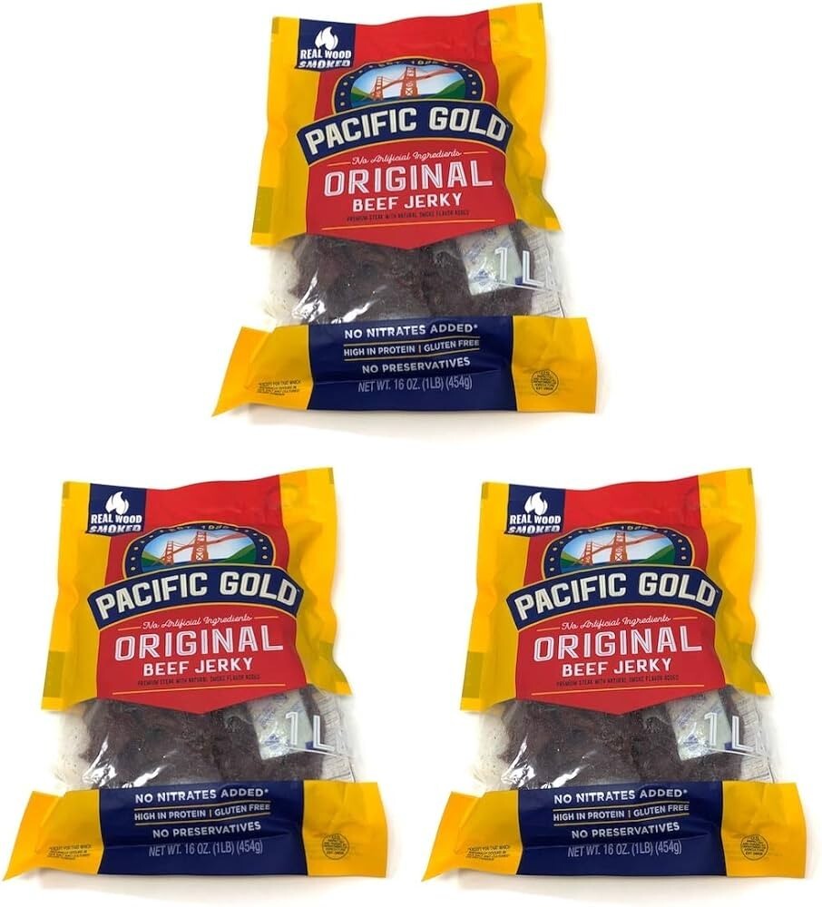 3 Packs Pacific Gold Natural Wood Smoked Original Beef Jerky 16 oz Each Pack