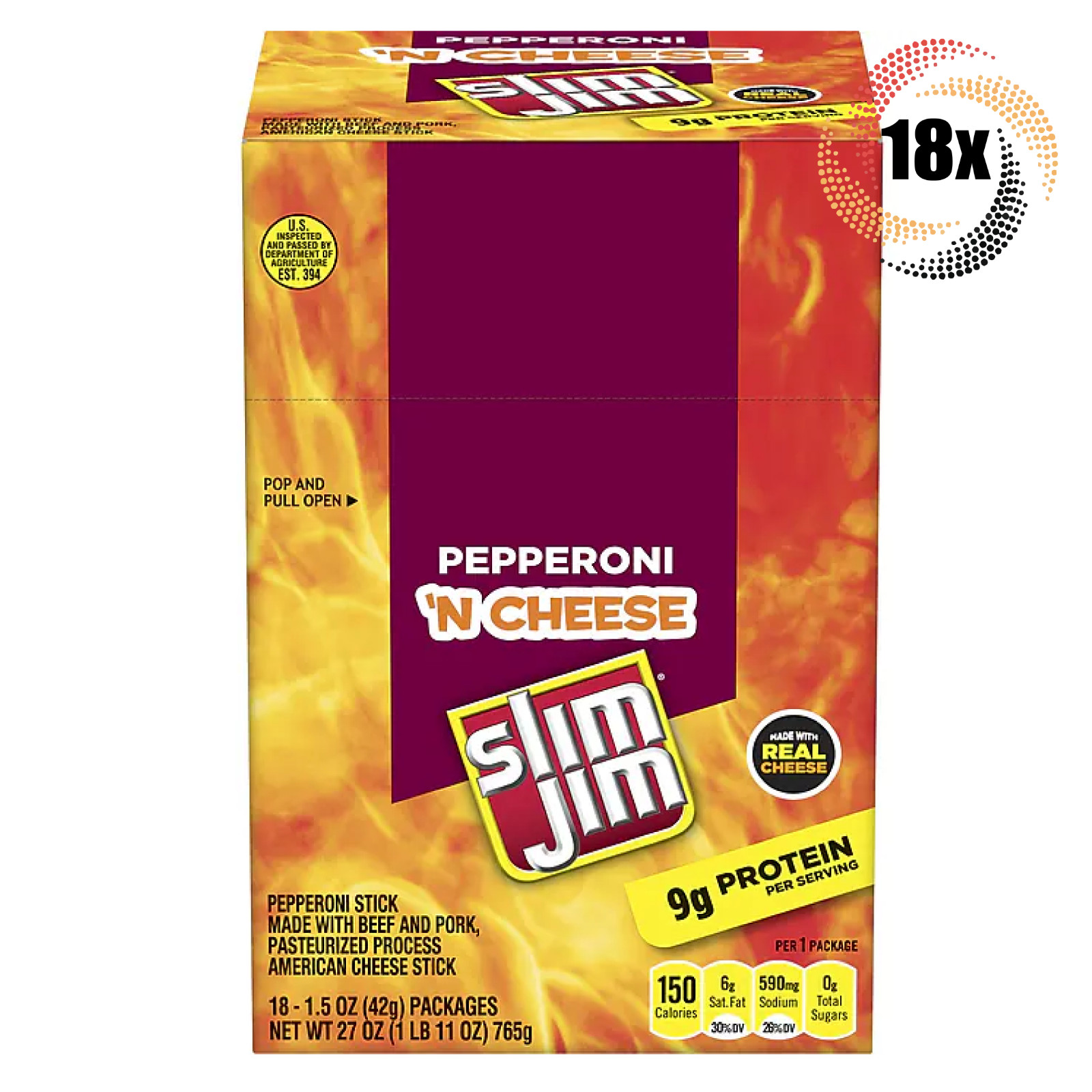 Full Box 18x Packs Slim Jim Pepperoni & Cheese Snack Sticks | 1.5oz | 9G Protein