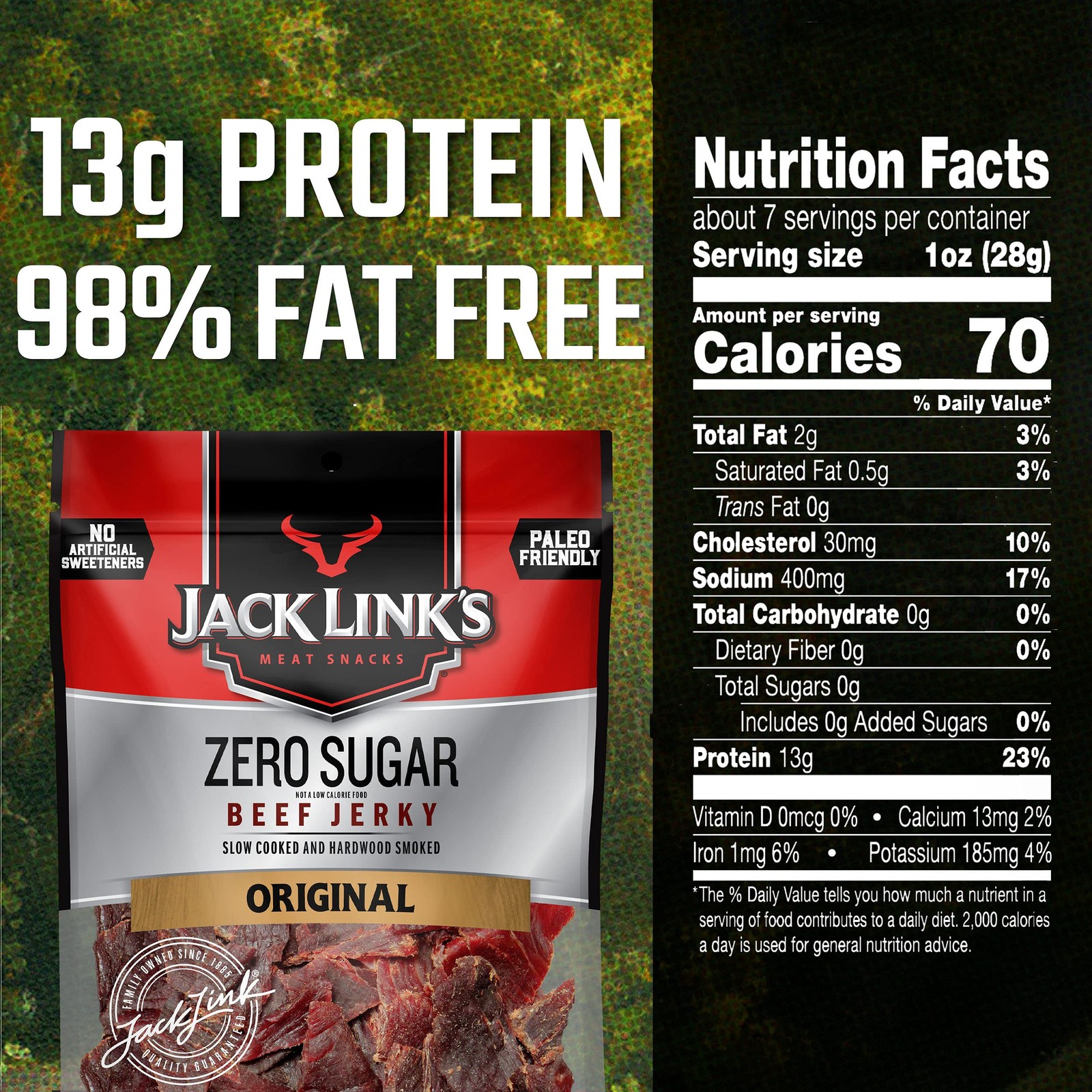 Beef Jerky Zero Sugar Keto Paleo Protein Snacks 13g Protein 7.3 Oz Pack of 2
