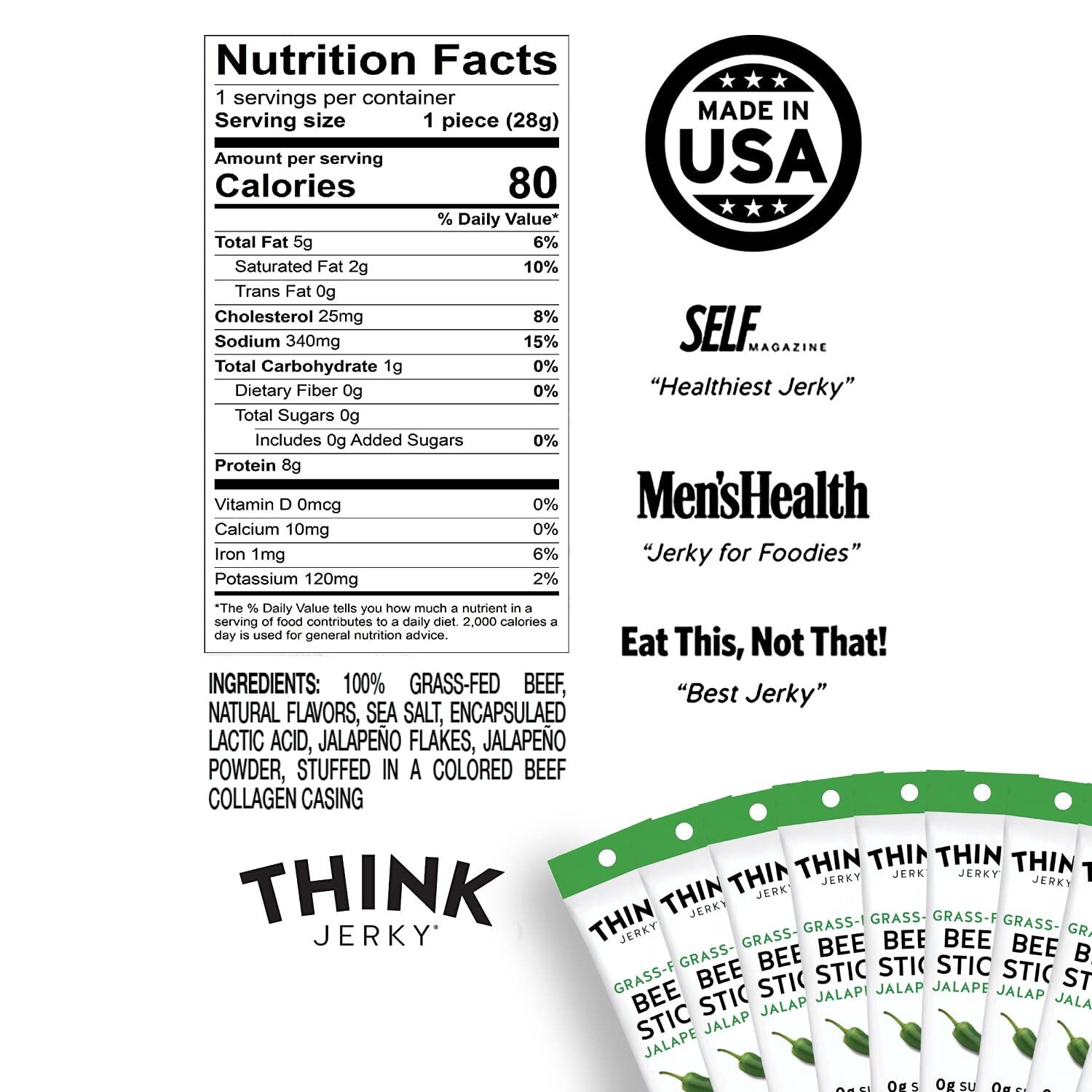 Think Jerky, Jalapeno Grass-Fed Beef Sticks (1.0 Ounce Sticks, Pack of 20