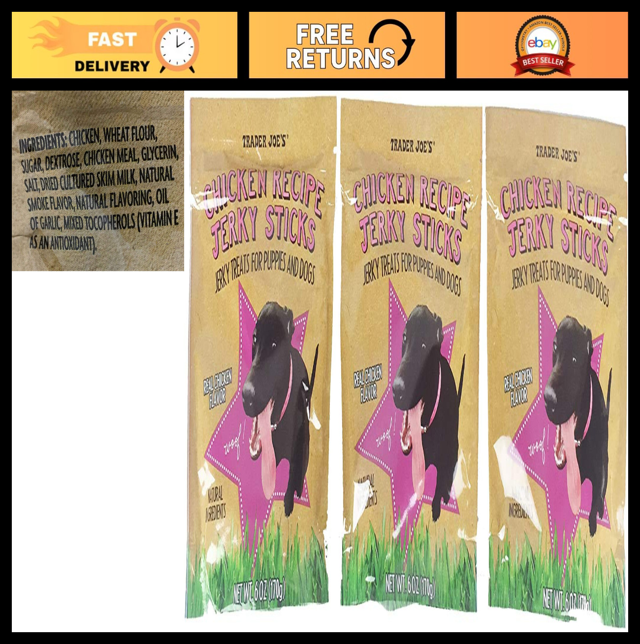 Savory Chicken Recipe Jerky Sticks 6 Oz – Pack of 3, High-Protein Snack Treats