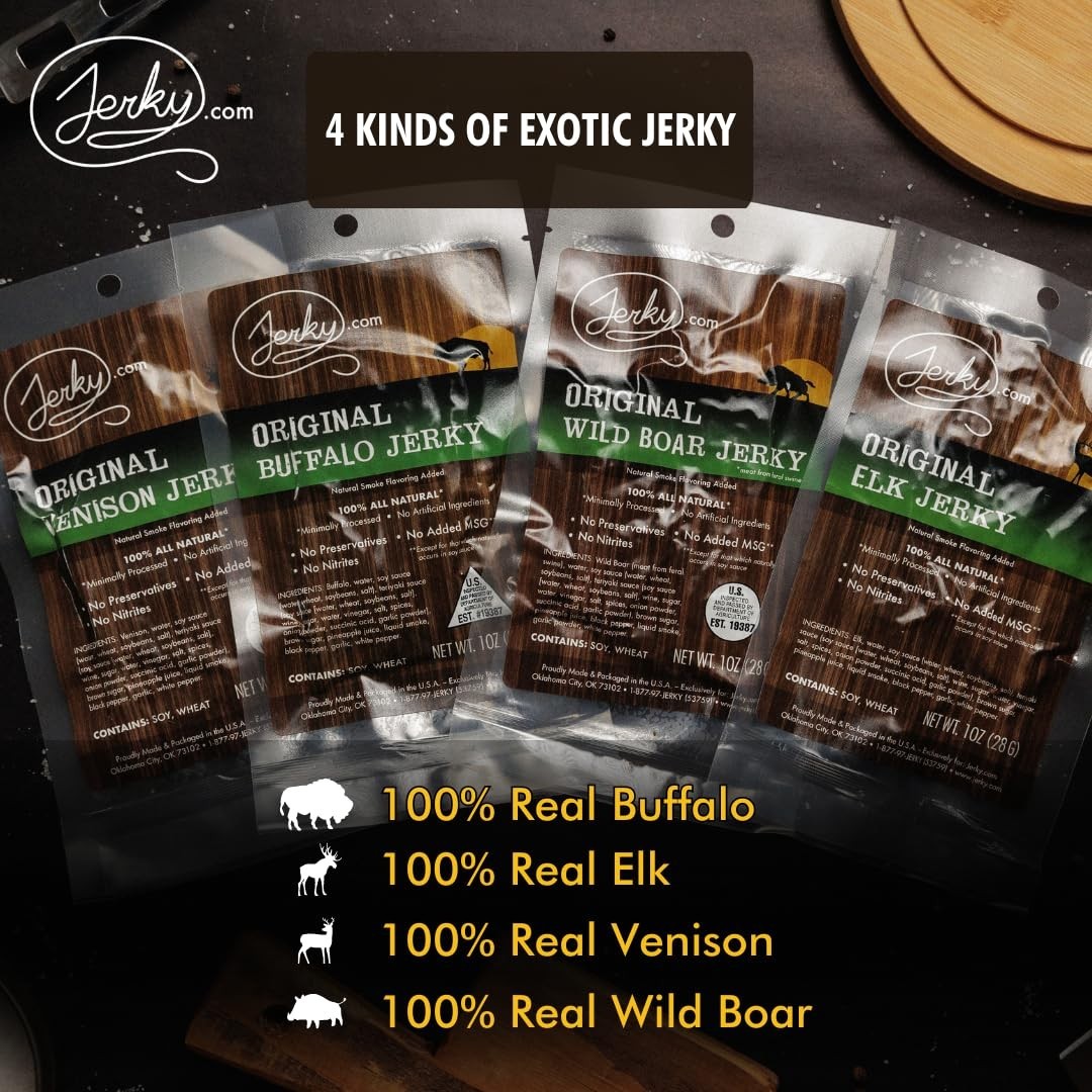 Exotic Jerky Variety Pack 4pc Wild Game Snacks Sampler Venison Elk Buffalo Boar