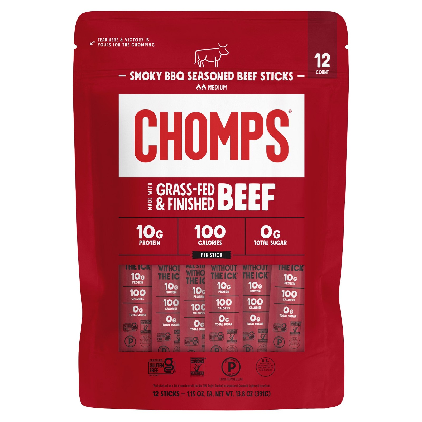 CHOMPS GRASS-FED SMOKEY BBQ BEEF STICKS 12/1.15 OZ