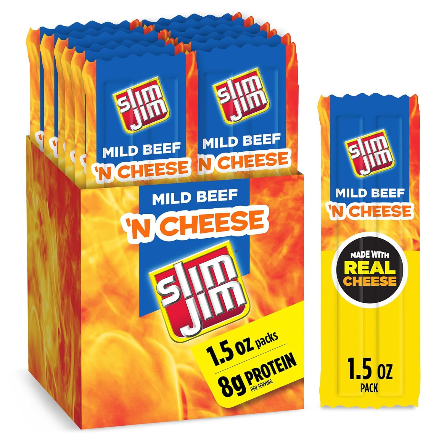 Beef ‘N Cheese Smoked Meat Sticks, Mild Flavor, 8G Protein per Serving, Father’S
