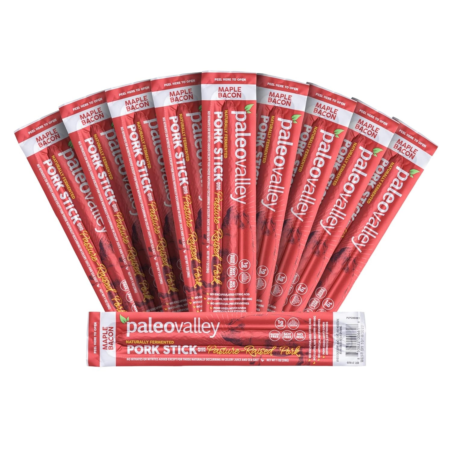 Paleovalley Pasture-Raised Pork Sticks – Maple Bacon 10 Count (Pack of 1)