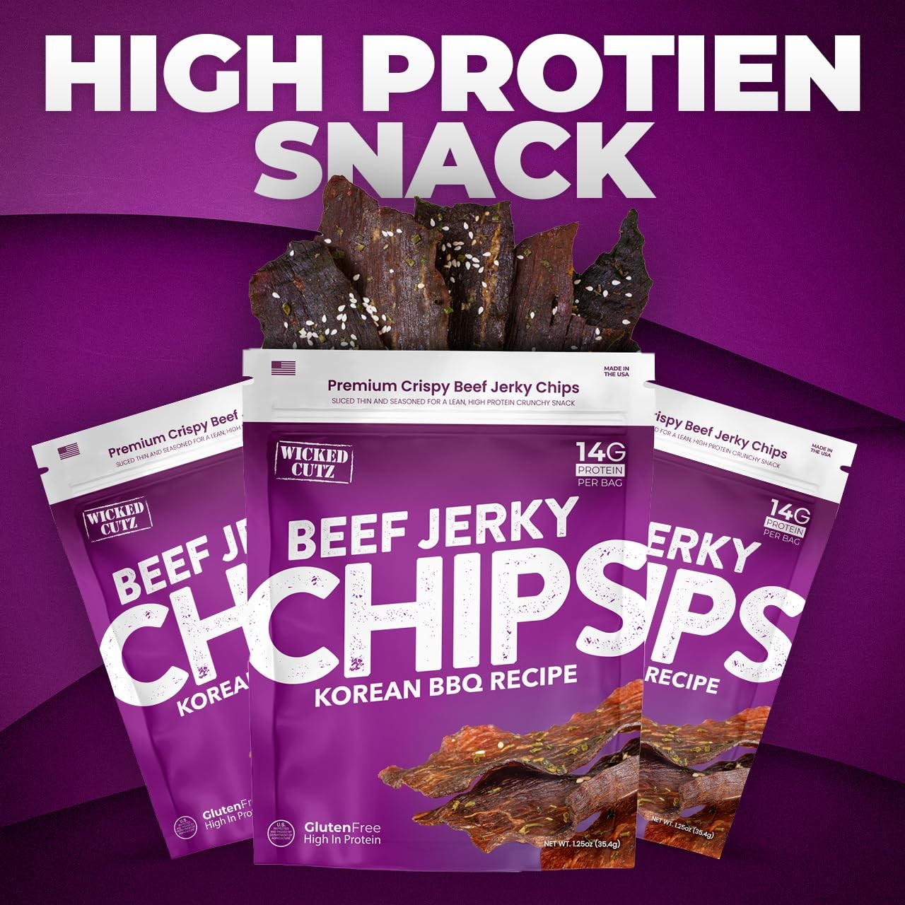 Wicked Cutz Korean BBQ Beef Jerky Chips, 14g Protein per Bag, Crispy Crunchy…