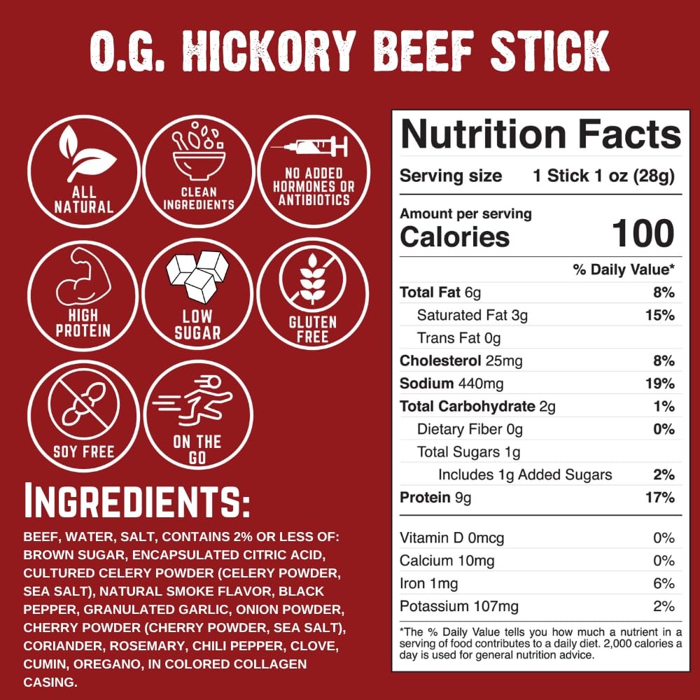 Grass Fed Beef Sticks Hickory Flavor 24 Count High Protein Keto Gluten Free Snac