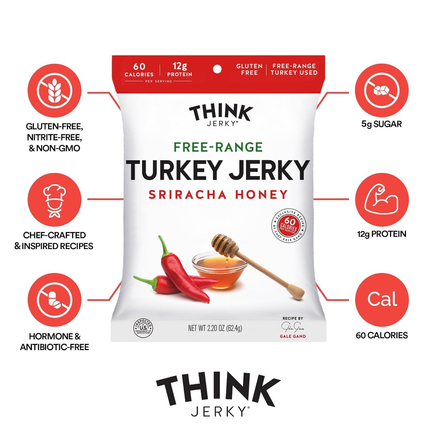 Think Jerky Sriracha Honey Turkey Jerky, Chef Crafted Free Range Turkey, Glut…