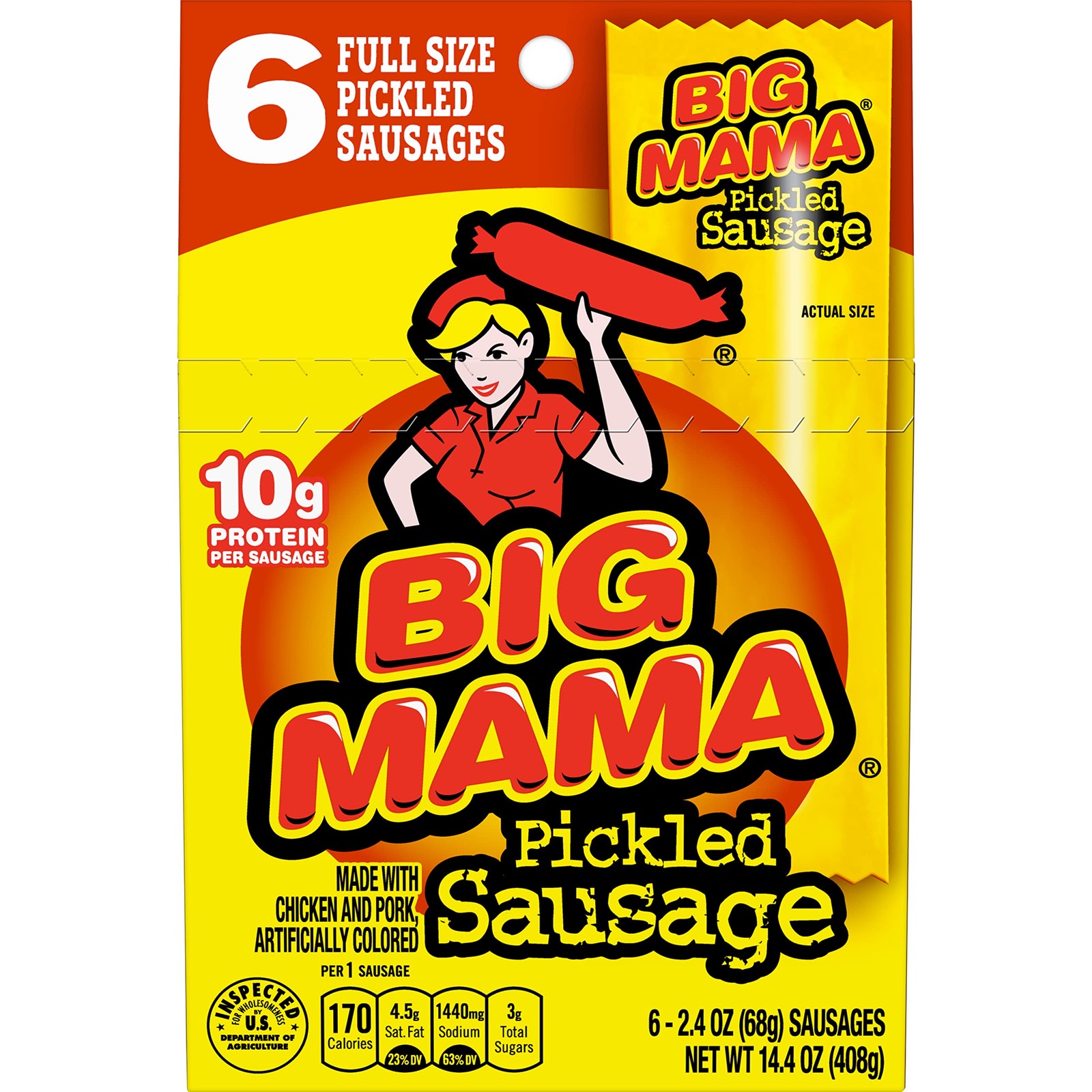 Penrose Big Mama Pickled Sausages, 10g Protein Per Sausage, 2.4 Ounce, 6 Pack