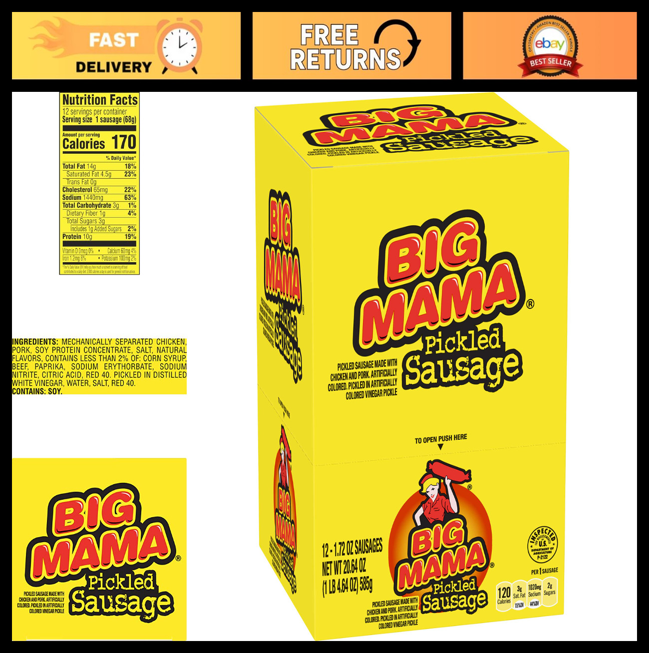 Big Mama Pickled Sausages, 2.4oz – 12 Pack, Tangy Snack Treats, Party Food