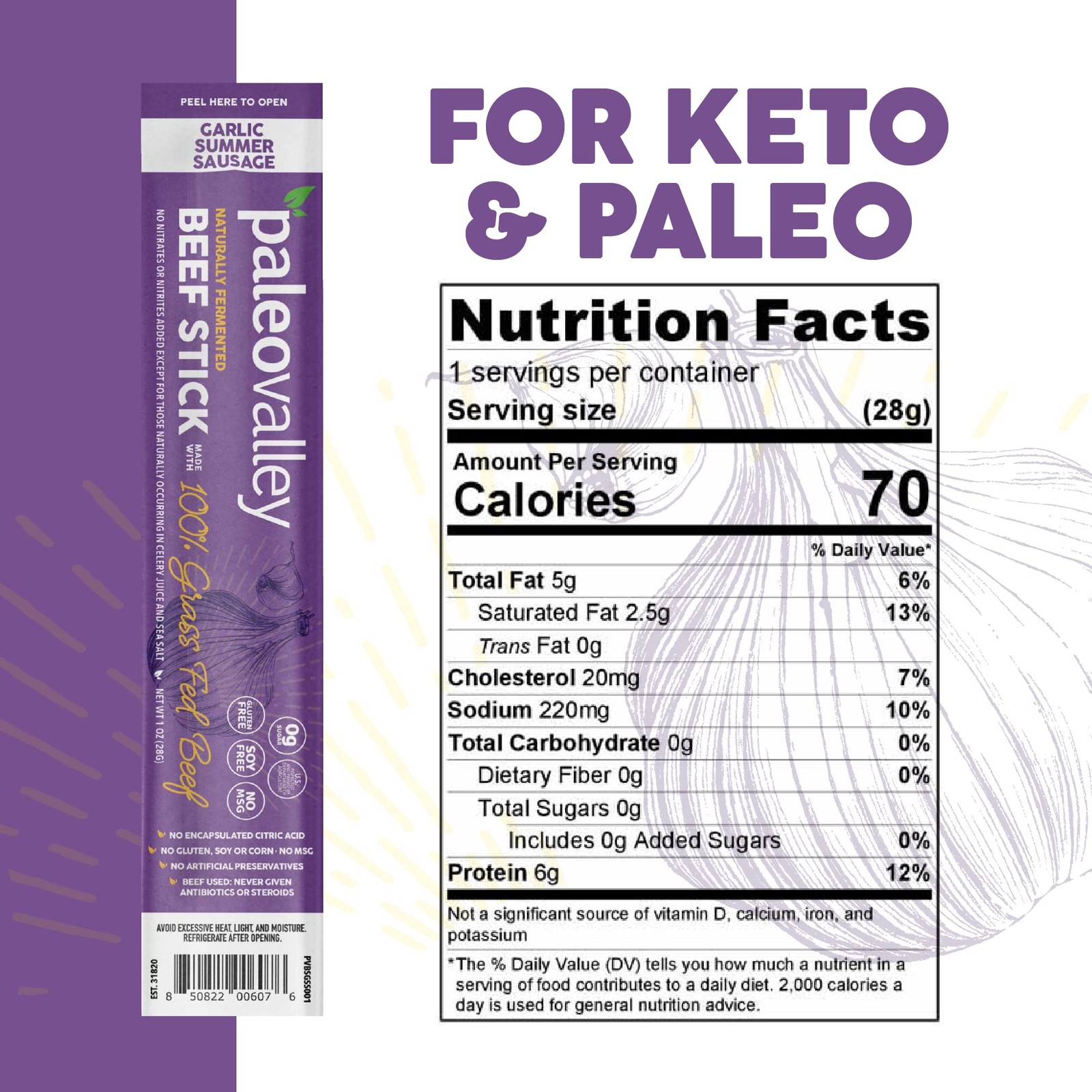 Paleovalley 100% Grass Fed Garlic Summer Sausage Beef Sticks – Delicious Gluten