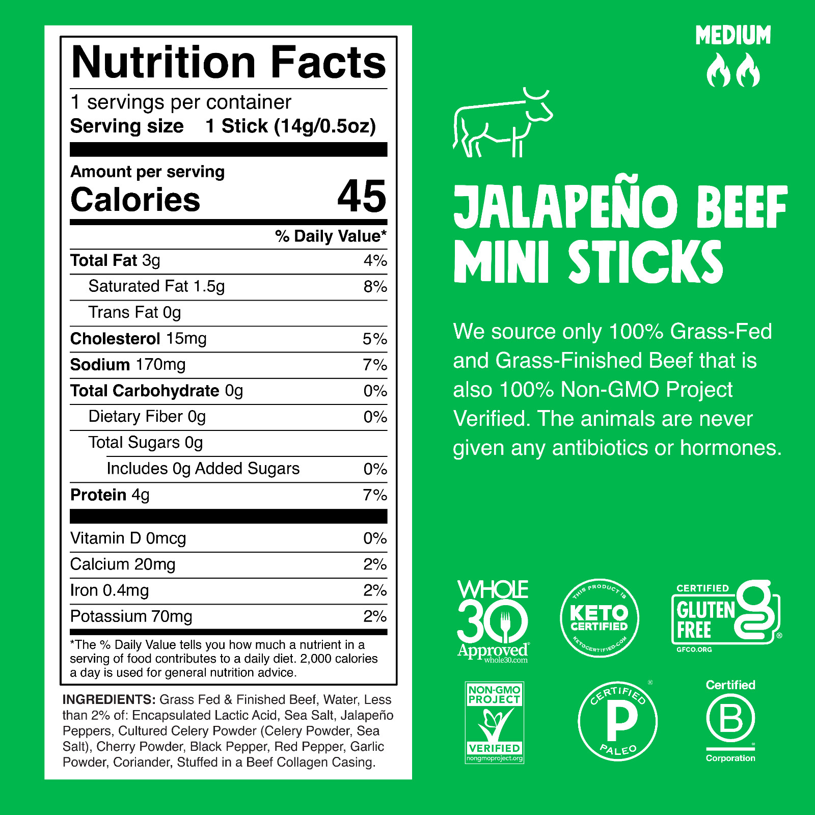 Chomplings Grass-Fed and Finished Jalapeno Beef Jerky Snack Sticks, 4g of Protei