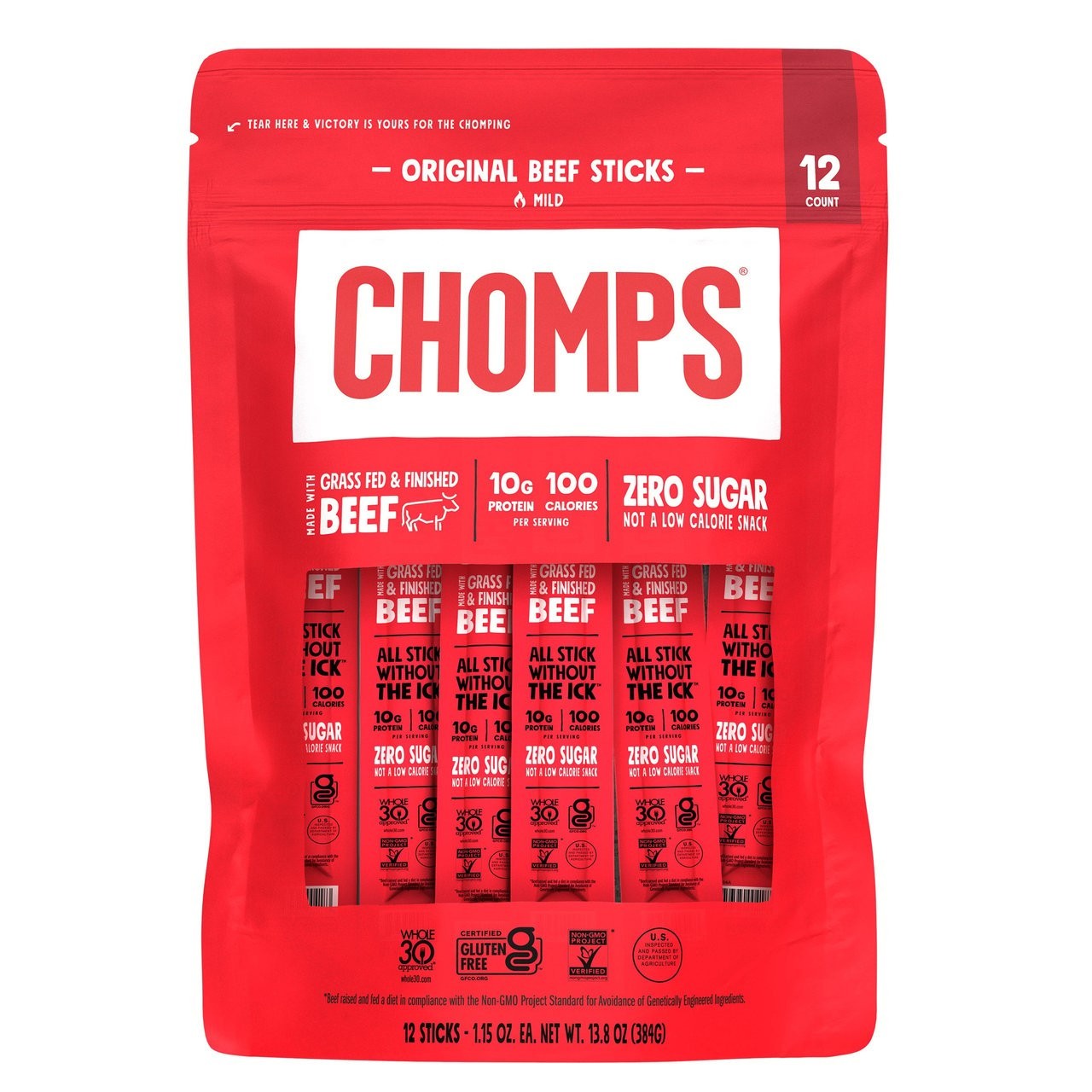 Chomps Original Beef Sticks Grass Fed Beef 12 Pack 10g Protein Gluten Free
