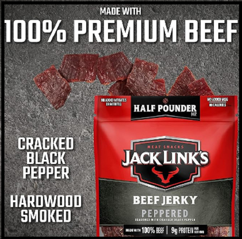 Jack Link’s Beef Jerky, Peppered, ½ Pounder Bag Flavorful Meat Snack no MSG