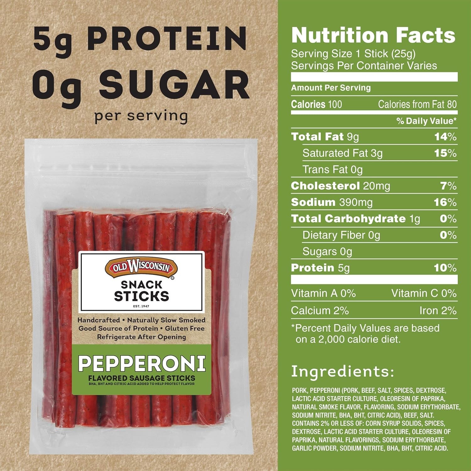 Pepperoni Sausage Snack Sticks – Naturally Smoked High Protein Keto Treats