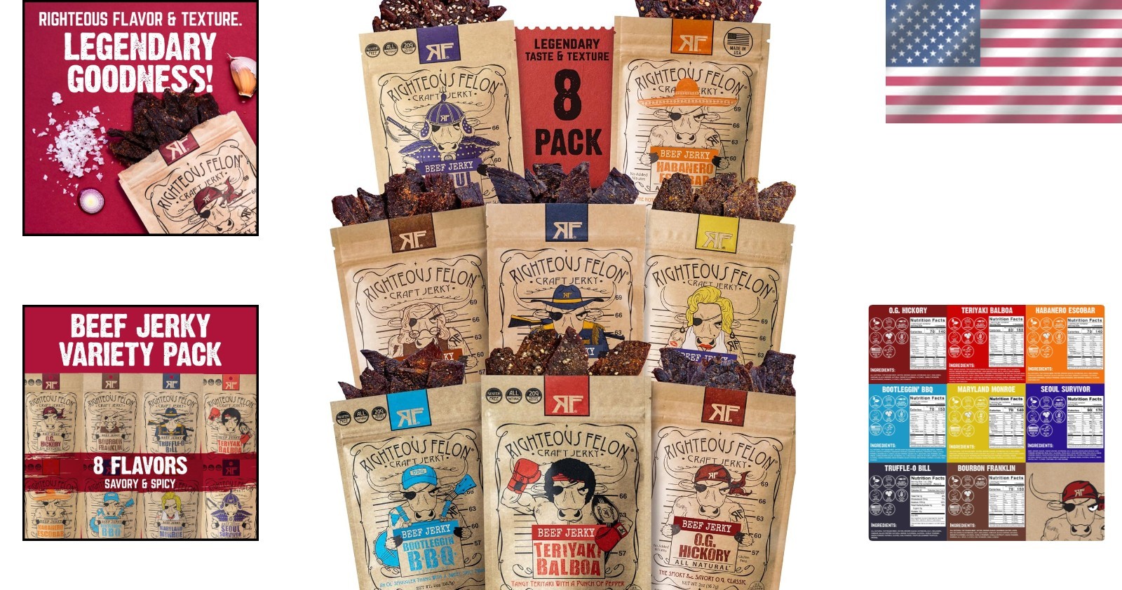 Beef Jerky Gift Set – 8 Pack Sampler, Low Sugar, Pasture-Raised, American Made