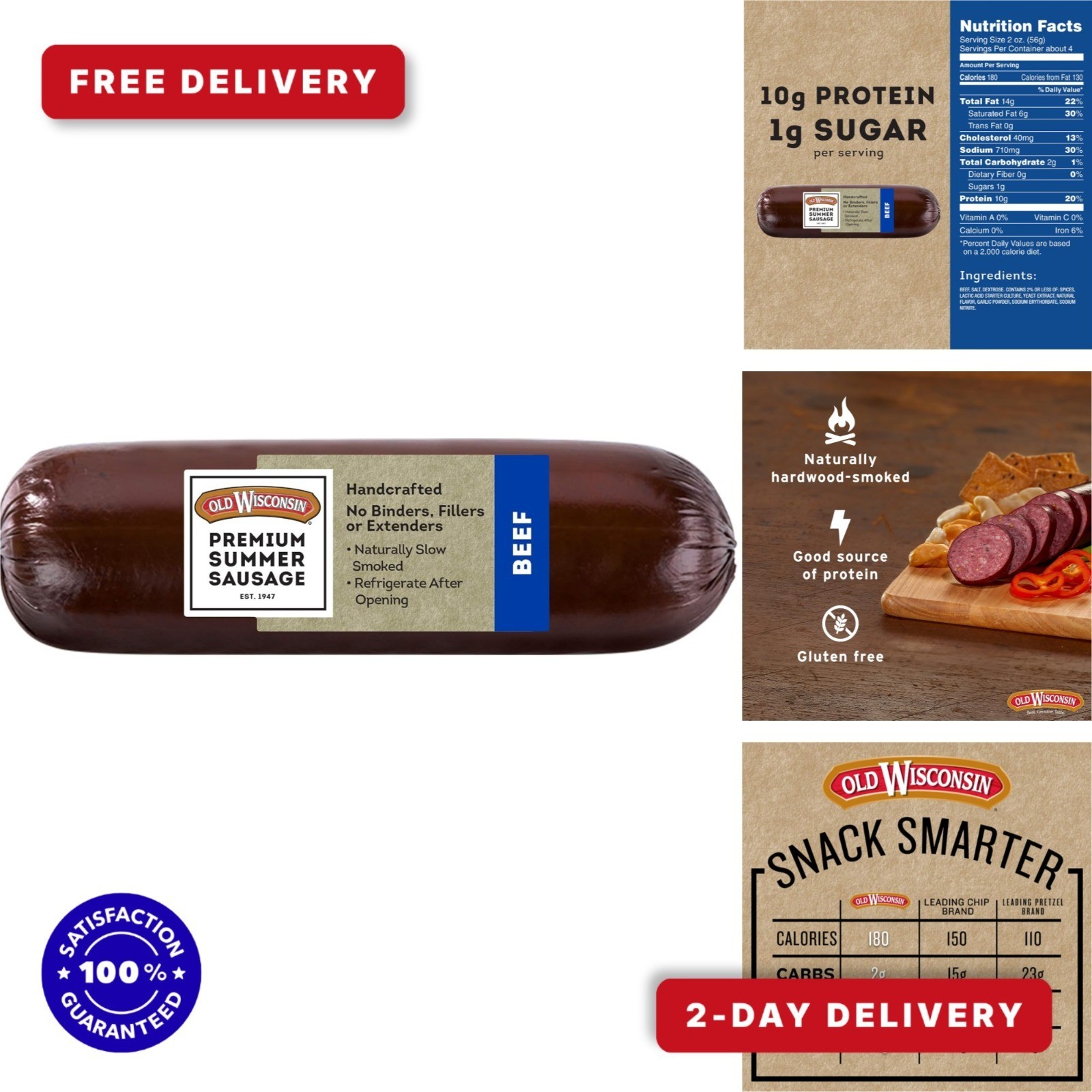 Old Wisconsin Summer Sausage 100% Natural Beef 8 Ounce High Protein Gluten Free