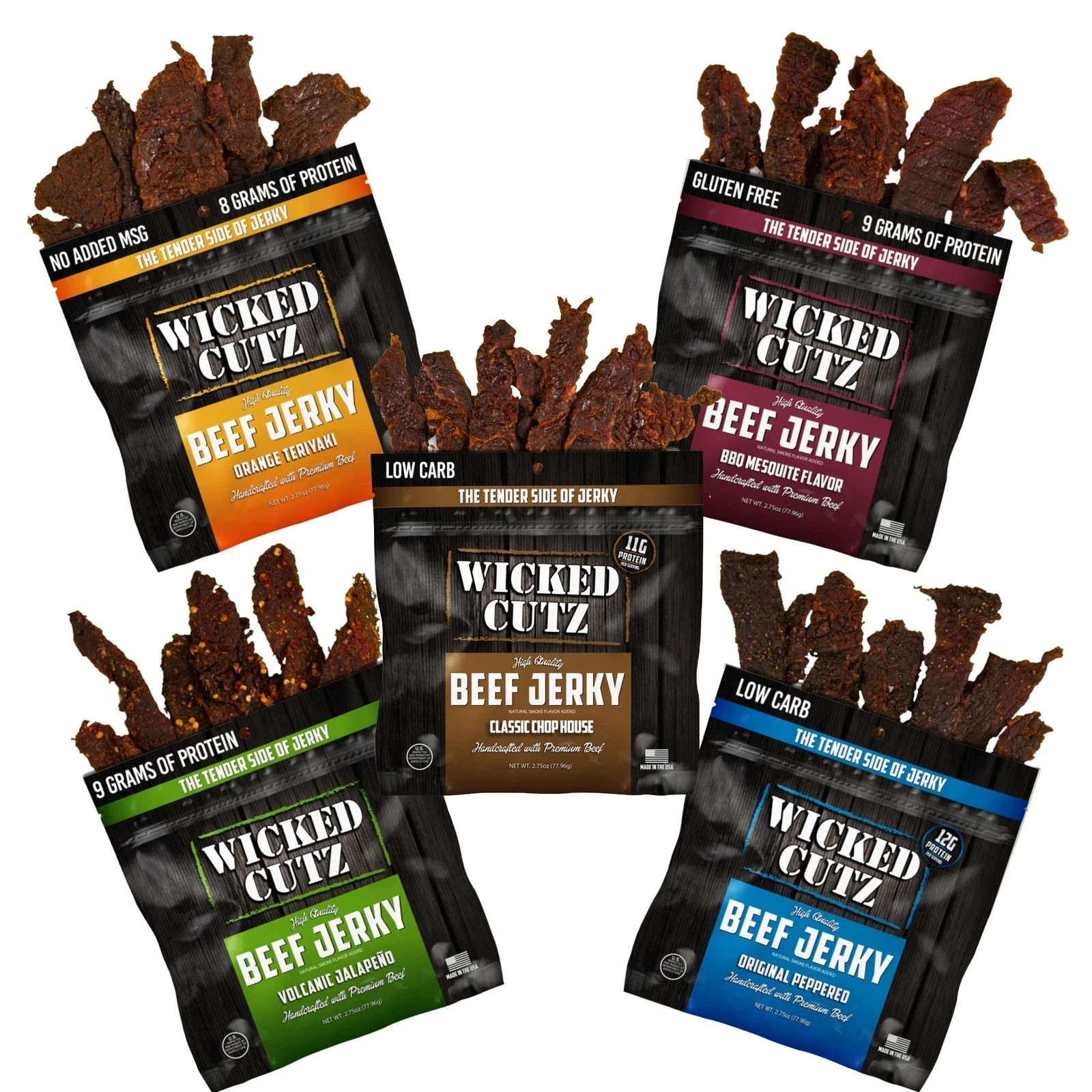 Wicked Cutz Beef Jerky Variety Pack 5 Flavors & Up to 36g Protein Per Bag Ten…