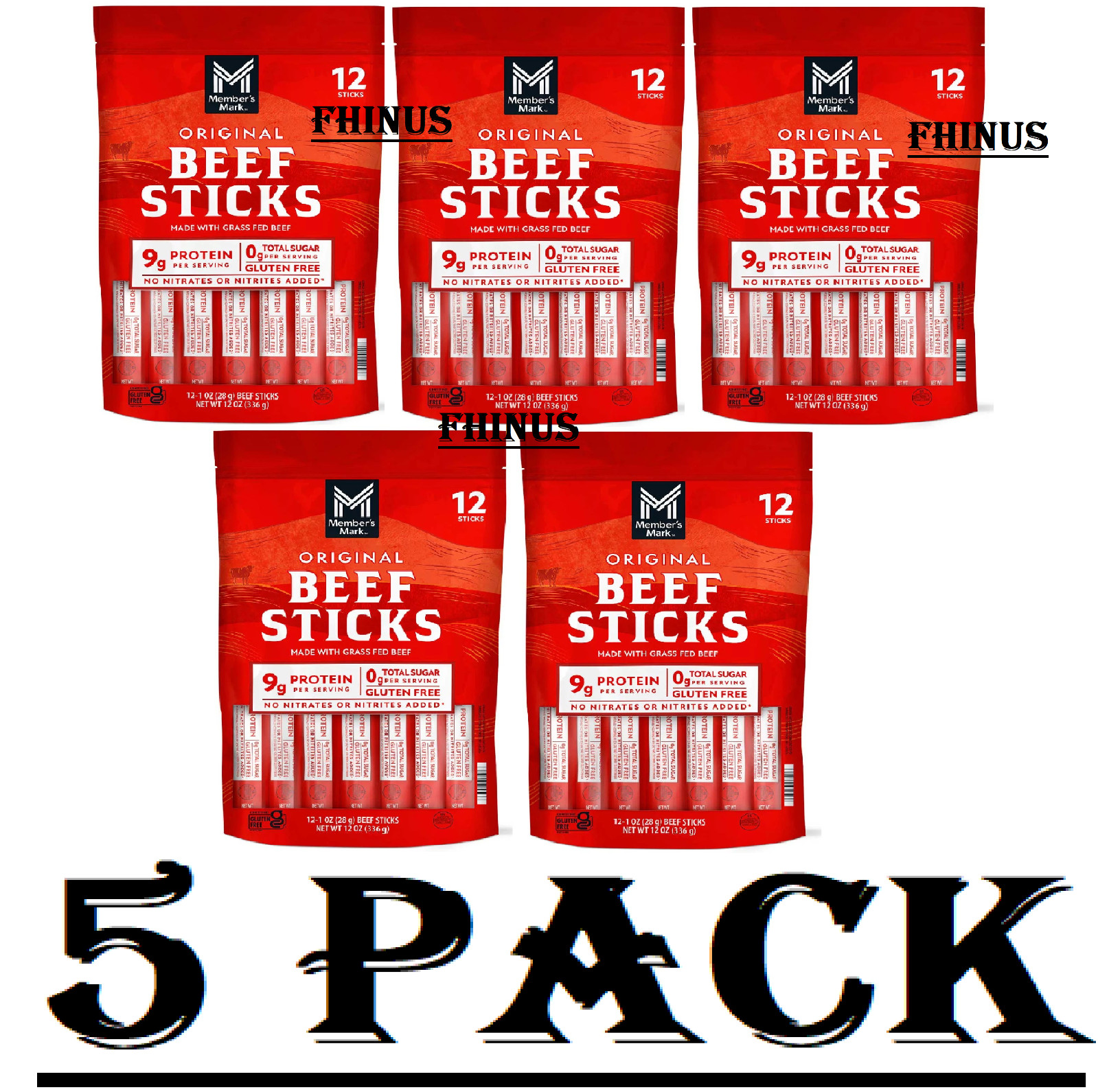 5 Pack Member’s Mark Original Grassfed Beef Snack Sticks, 1 Ounce (Pack of 12)