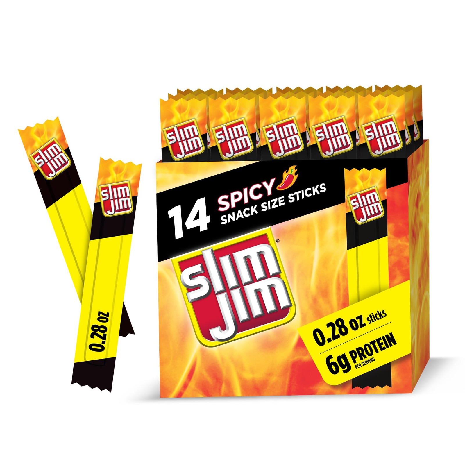 Slim Jim Smoked Meat Sticks, Spicy, 6g Protein Per Serving, 0.28 oz. 14 Count