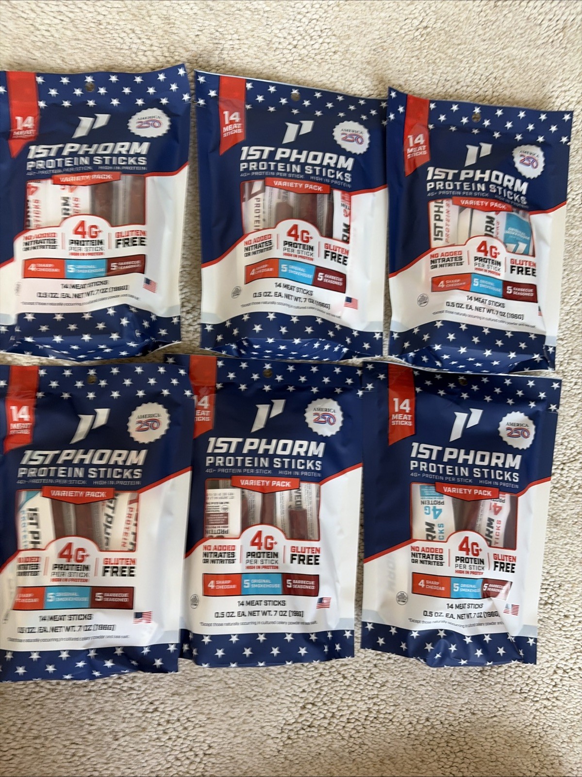 6 Pack 1st Phorm Sharp Cheddar, Original, BBQ Protein 84 Total Mini Meat Sticks