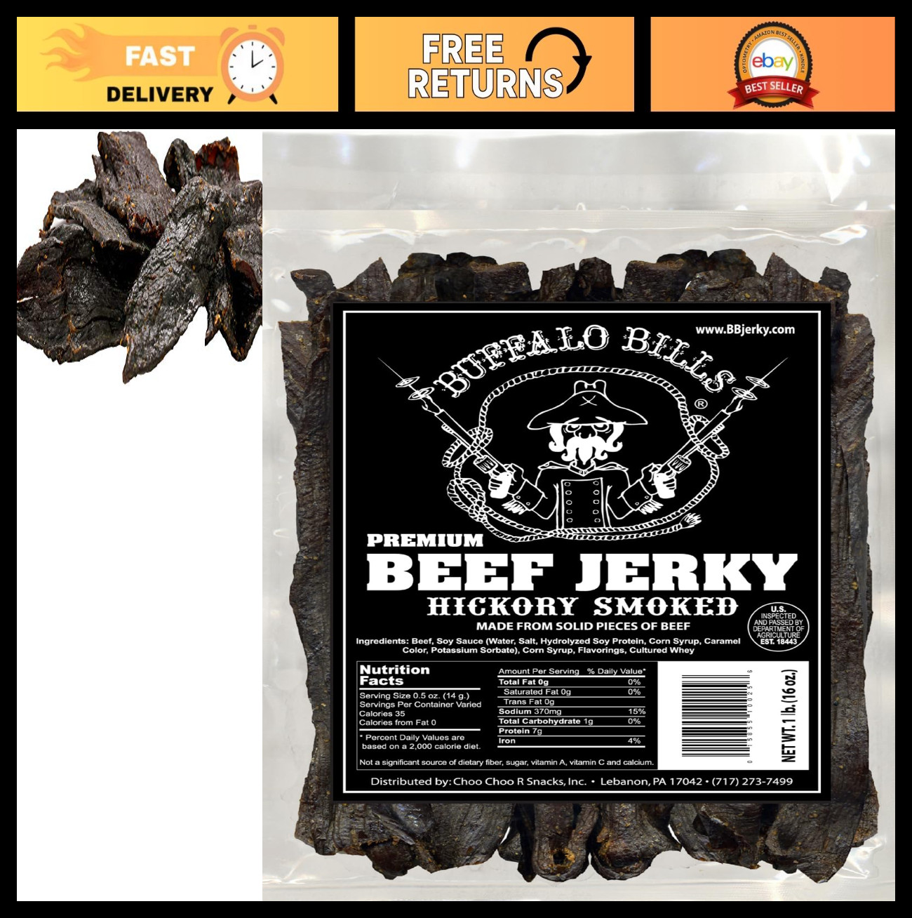 Premium Hickory Smoked Beef Jerky – 16oz, Tender Pieces, High Protein Snack