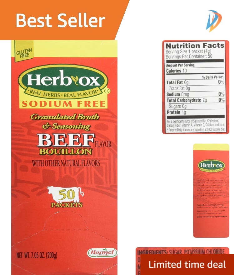 Herb Ox 50 Packets Beef Bouillon – Granulated, Sodium-Free Flavor Boost