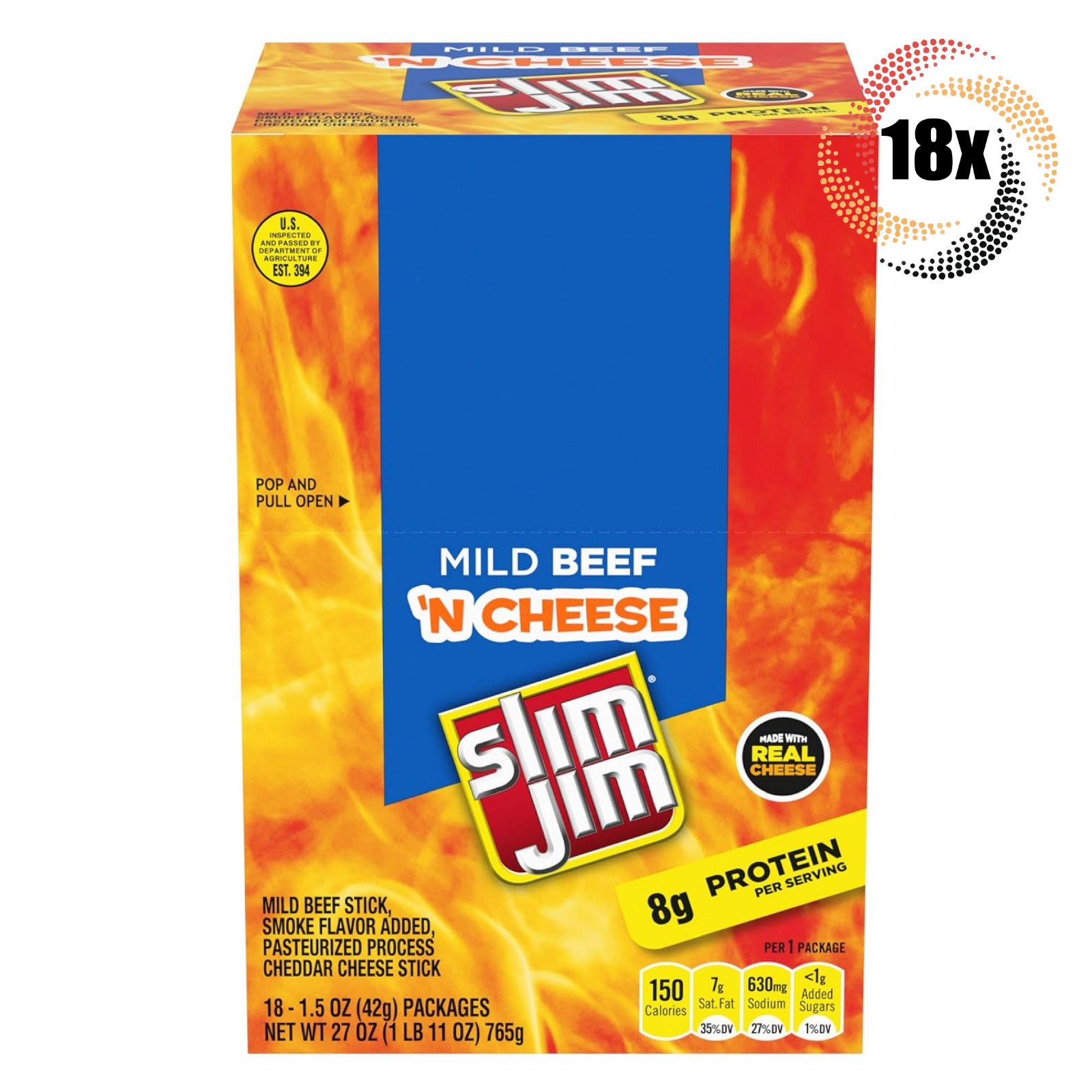 Full Box 18x Pack Slim Jim Mild Beef & Cheese Snack Sticks | 1.5oz | 10G Protein
