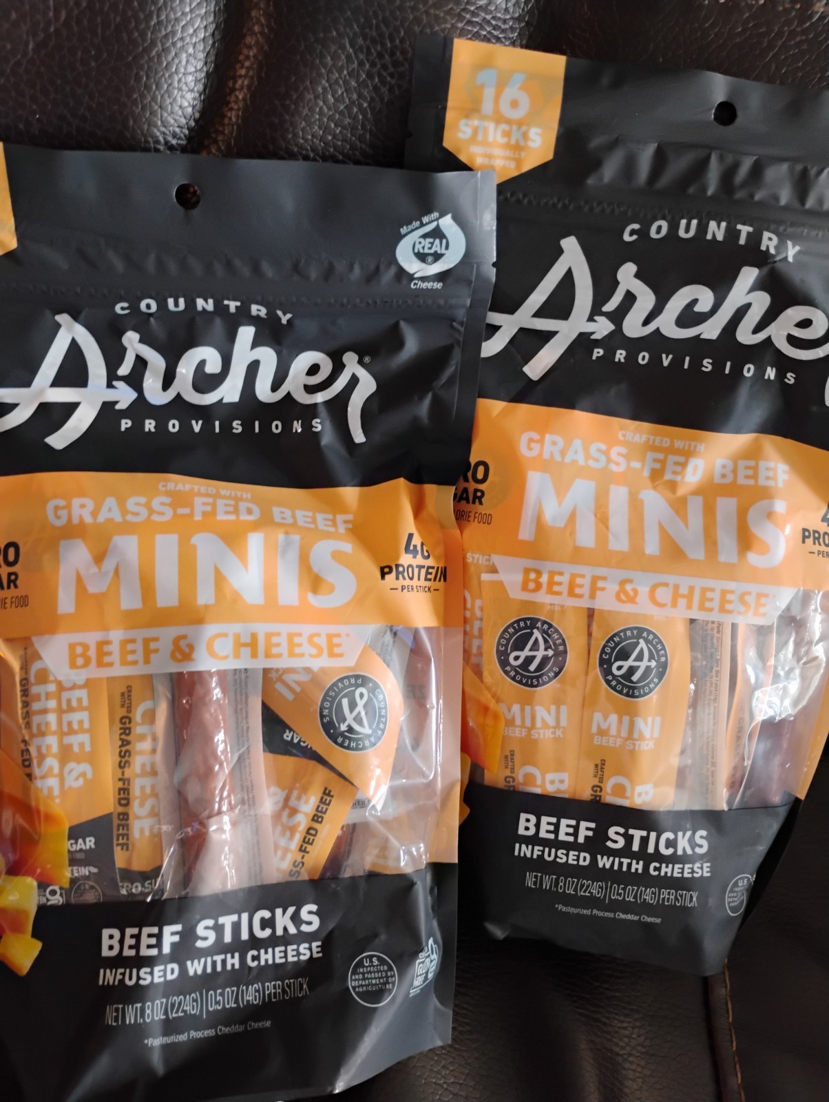 Country Archer 2 PACK Beef & Cheese Mini Sticks Large Bag 16 X2, 32 Sticks New