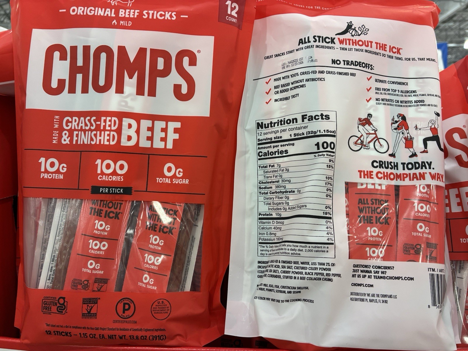 CHOMPS Original Beef Sticks Mild Grass-Fed & Finished 12 Pack Pantry Jerky X2