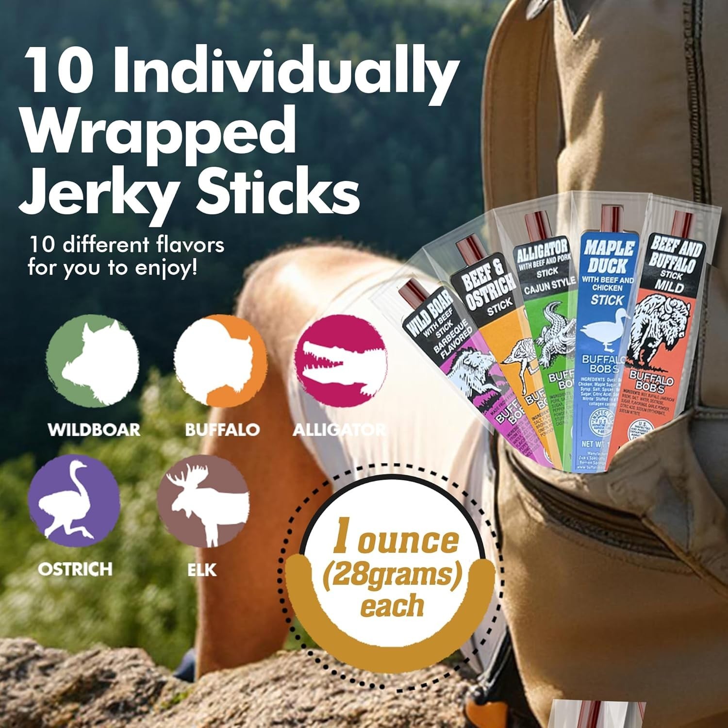 Wild Game Exotic Meat Sticks 10-Pack | Ultimate Beef Jerky | Savory Snacks Va…