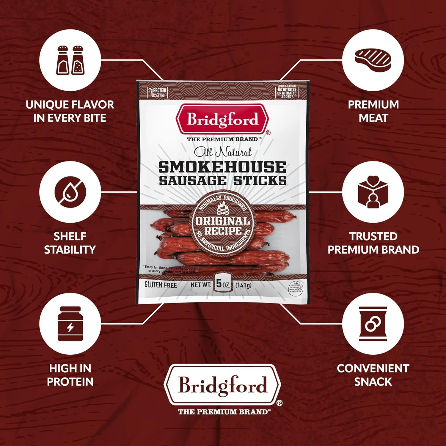 Bridgford Smokehouse Sausage Sticks Original 5 Oz Pack of 2 – Made with Beef and