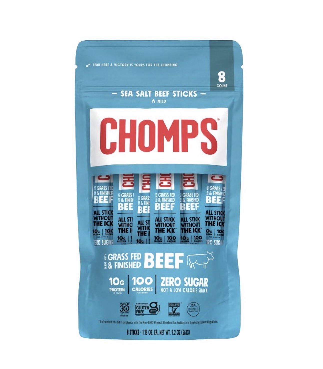 Chomps Sea Salt Beef Sticks Mild Grass Fed 10g Protein 8 Ct 1.15 OZ Each 6/2026