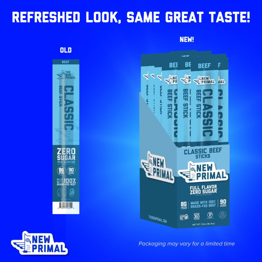 New Primal Classic Beef Meat Sticks – Keto, Low Carb Healthy Snacks, 20 Sticks