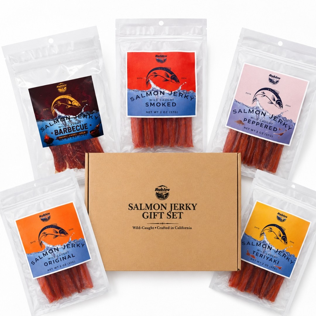 Rublev Wild Caught Salmon Jerky Gift Set Variety Sampler – 5 2 oz. Bags in Box