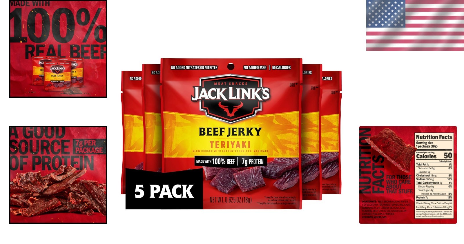 Teriyaki Beef Jerky Multipack – 5 x 0.625 oz Bags of Delicious Protein Snacks