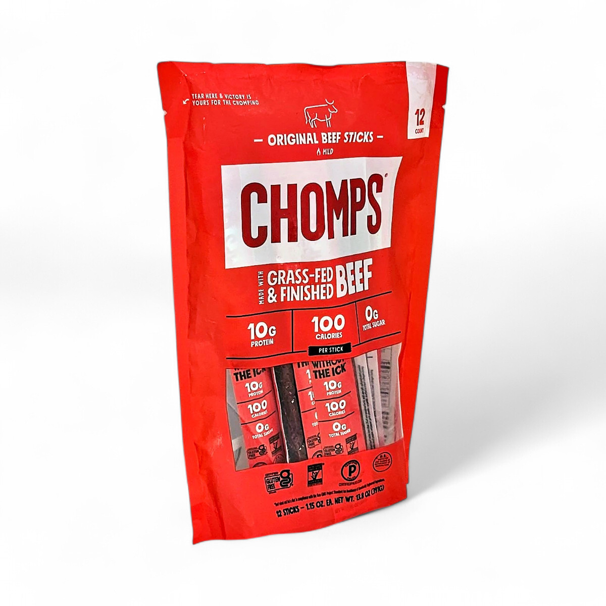 Chomps Original Beef Sticks Grass-Fed and Finished Beef 10G Protein 12-Pack