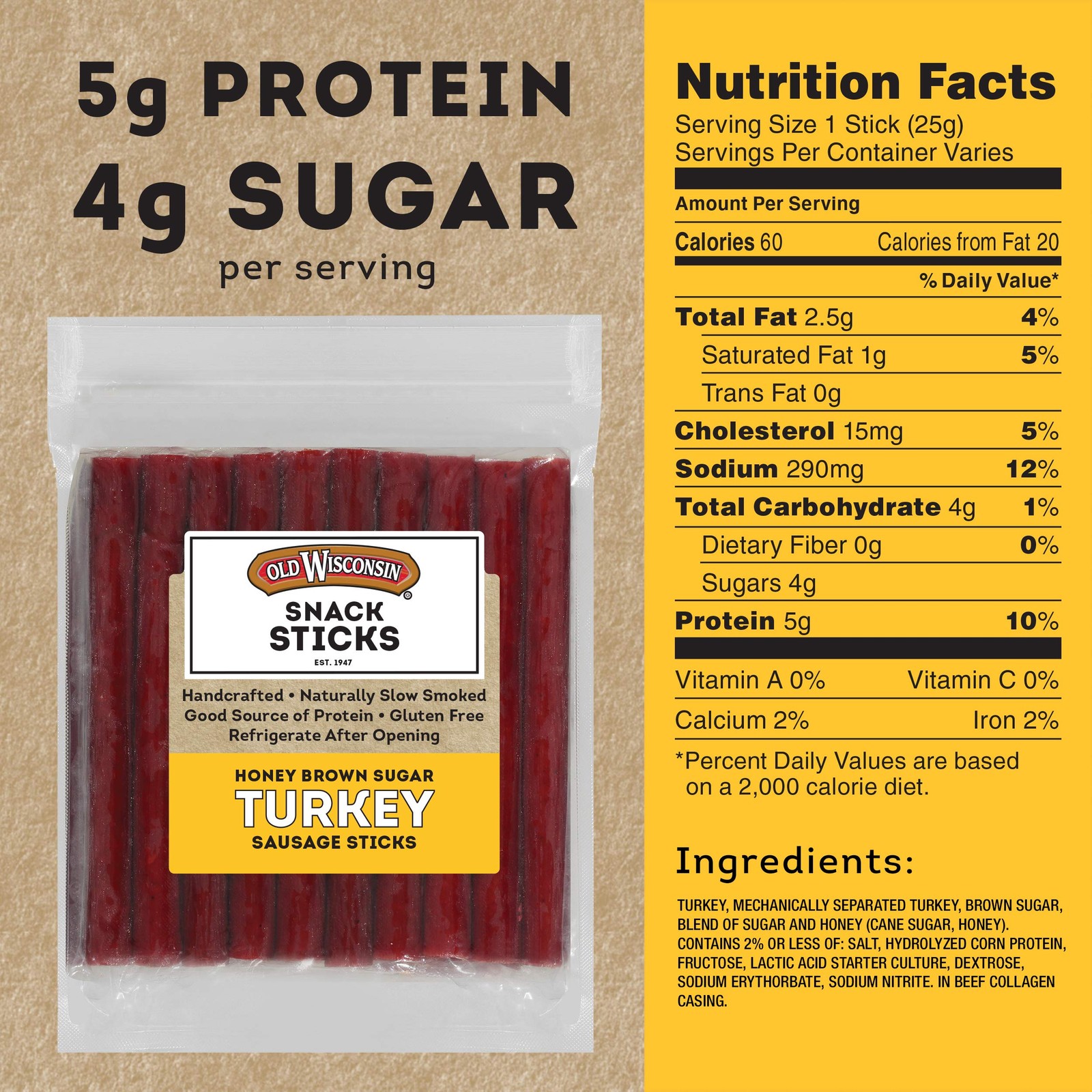 Honey Brown Sugar Turkey Sausage Sticks, Smoked, Keto, Gluten-Free, 28oz Package