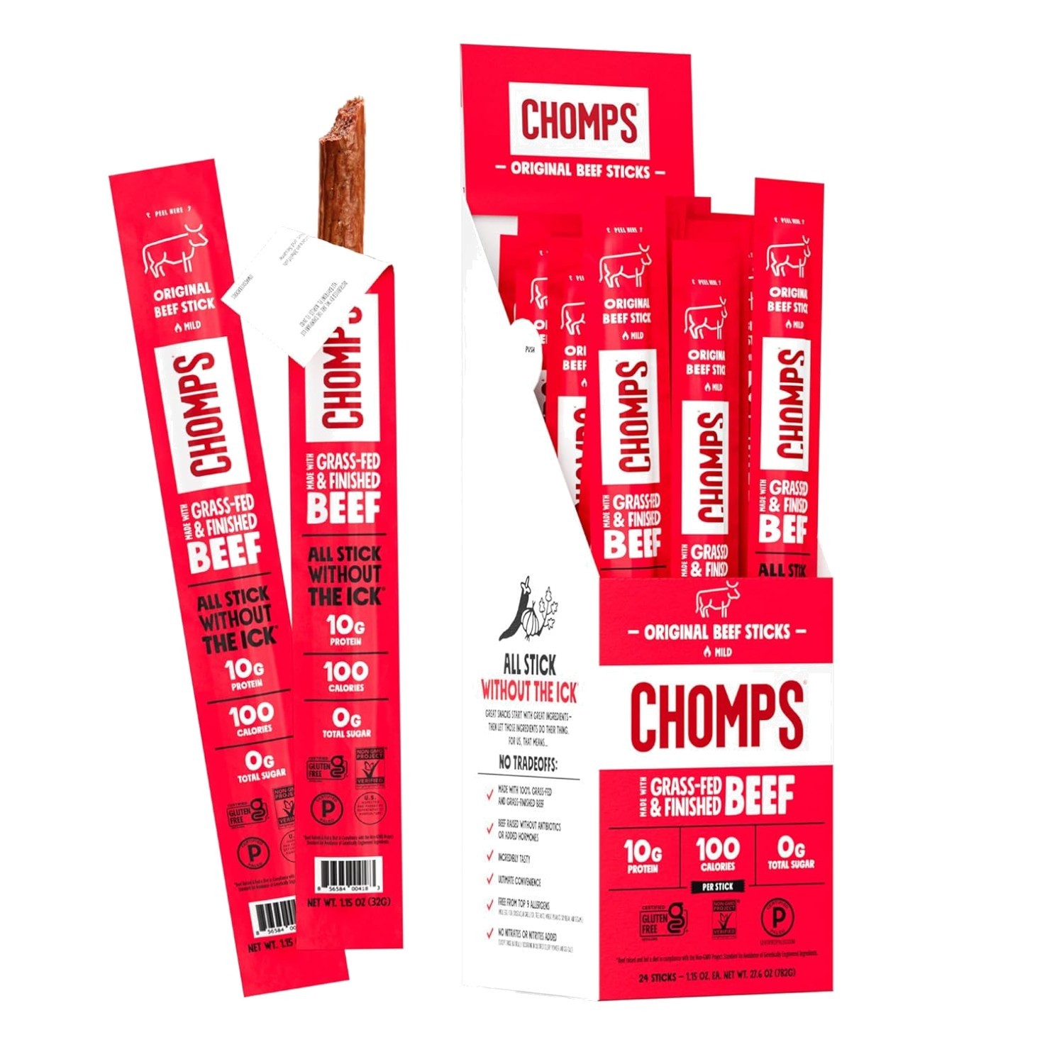 Grass-Fed Beef Jerky Sticks 24-Pack, Keto, Paleo Snack