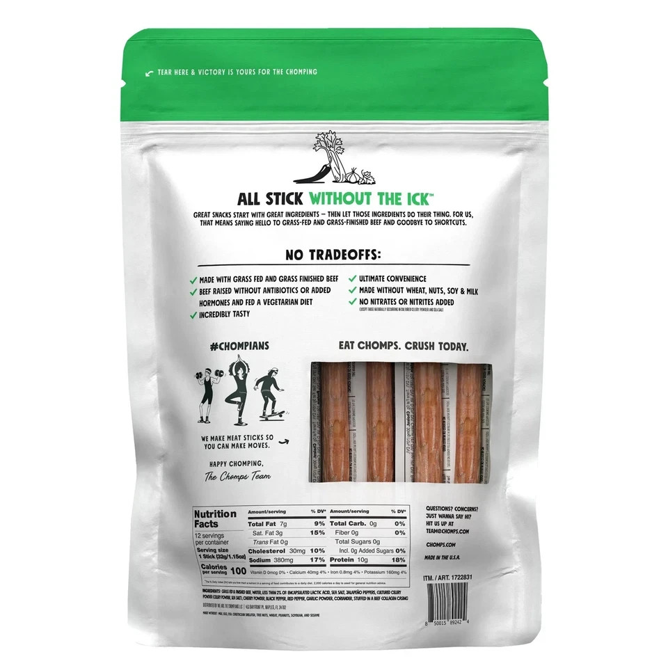(Buy 2+ Save)_Chomps Jalapeno Grass Fed Beef Sticks, 1.15 oz, 12-pack (13.8 oz)