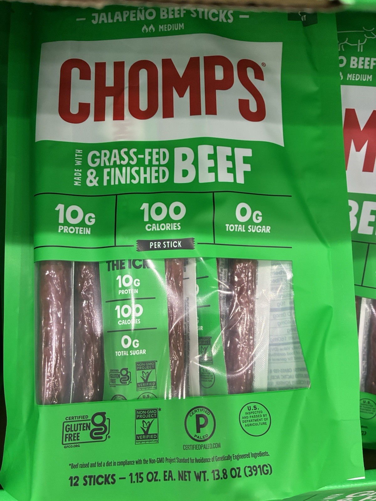 Chomps Jalapeño Grass-Fed Beef Sticks Gluten Free 12 Pack Pantry Snack X2