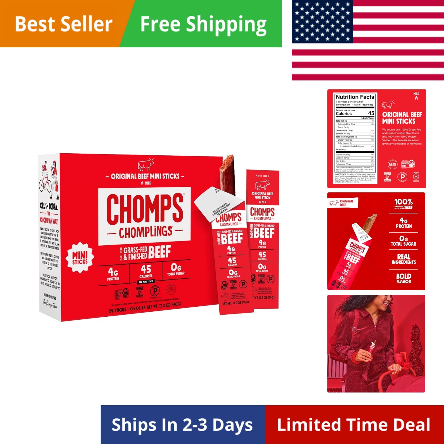 Snack Size Grass-Fed Beef Jerky Snack Sticks 0.5oz 24-Pack – Keto, Paleo, Wh…