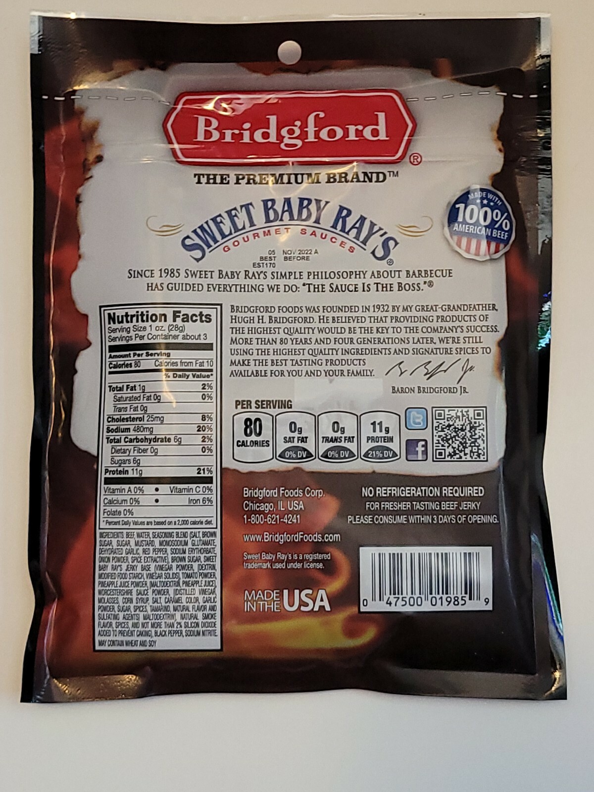 Bridgford Sweet Baby Ray’s Beef Jerky Peppered 2.85 oz Bag