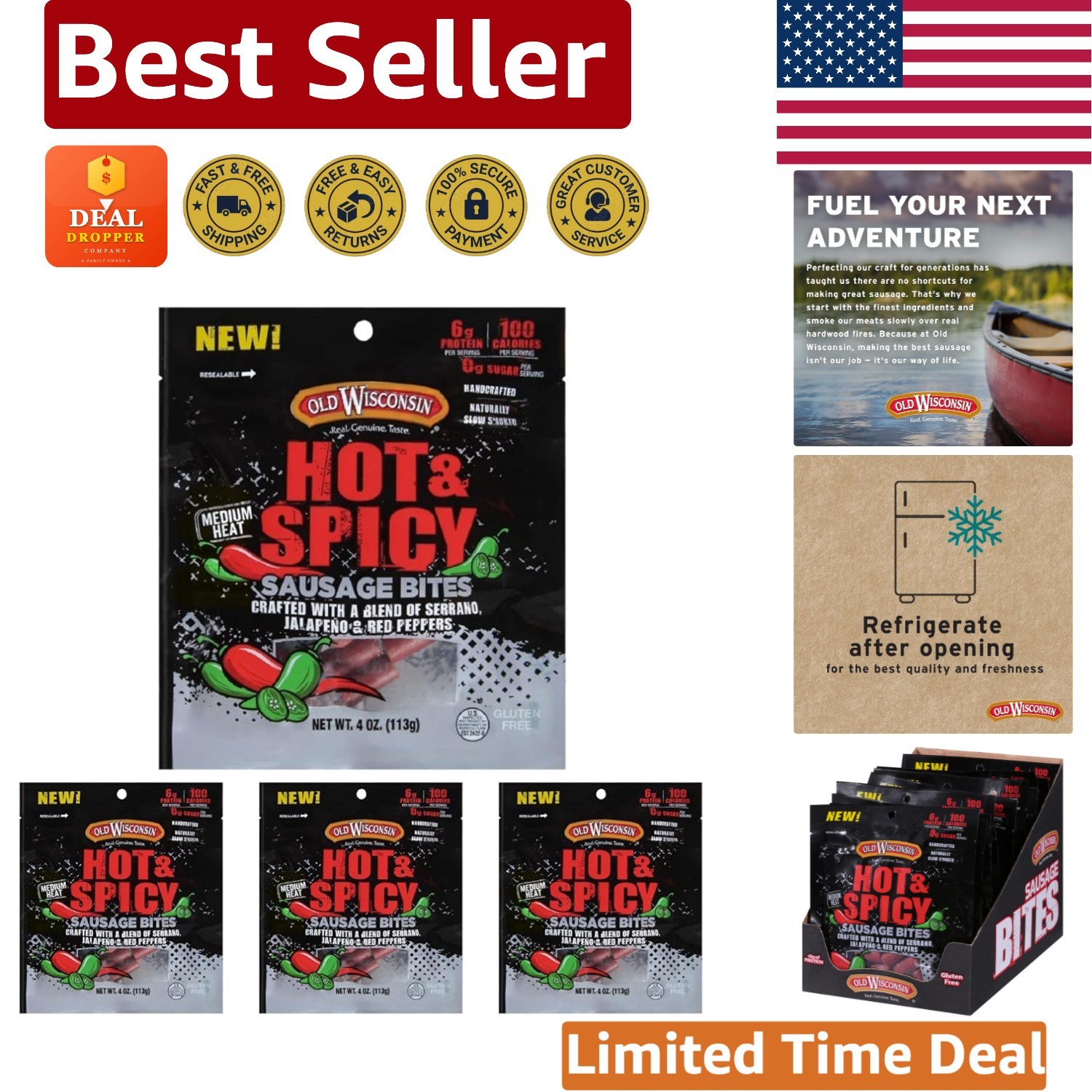 Hot & Spicy Sausage Snack Bites – 4oz Resealable, High Protein, Gluten Free