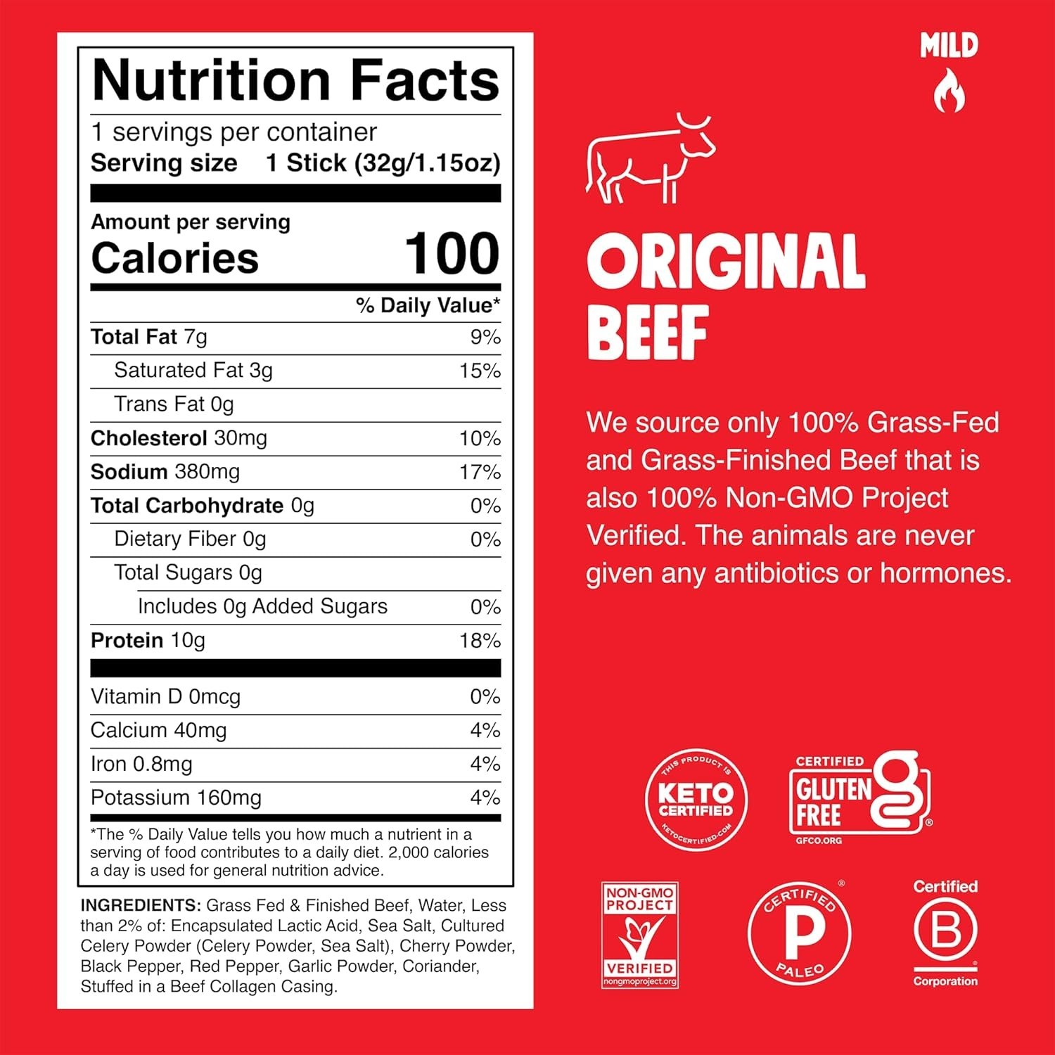 Paleo Beef Jerky Sticks 24-Pack, Grass-Fed, 10g Protein