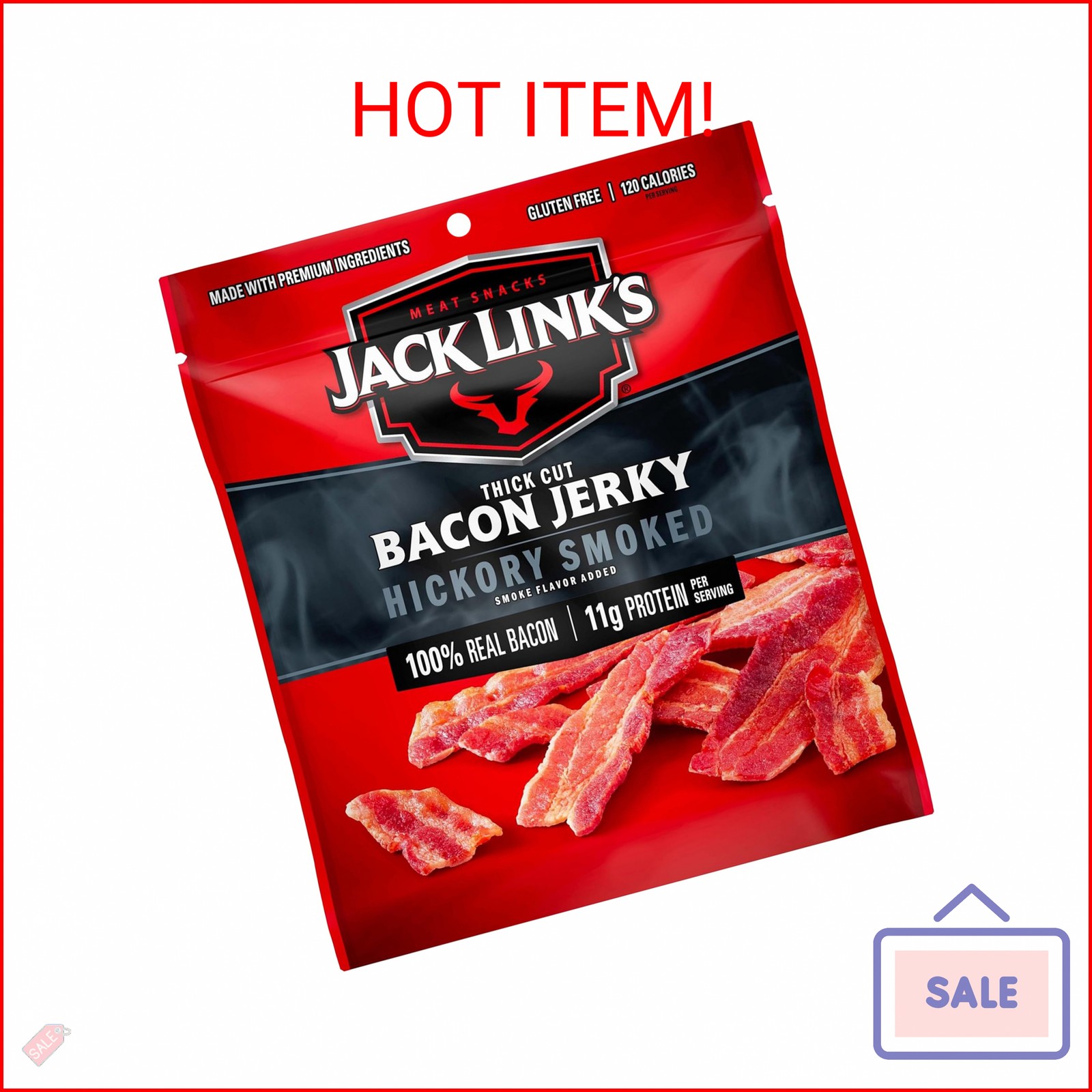 Jack Link’s Bacon Jerky, Hickory Smoked – Flavorful Ready to Eat Meat Snack with