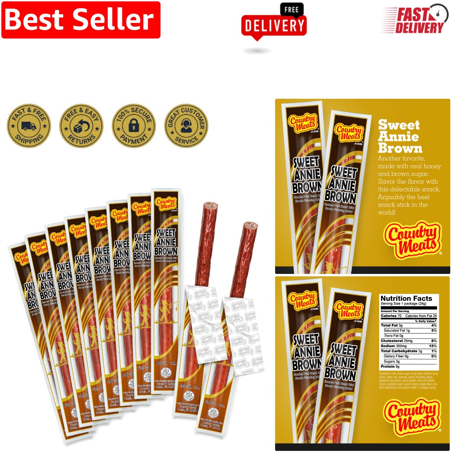 High-Quality Protein Meat Sticks, 0 Trans Fat – Pack of 10, Sweet Annie Brown