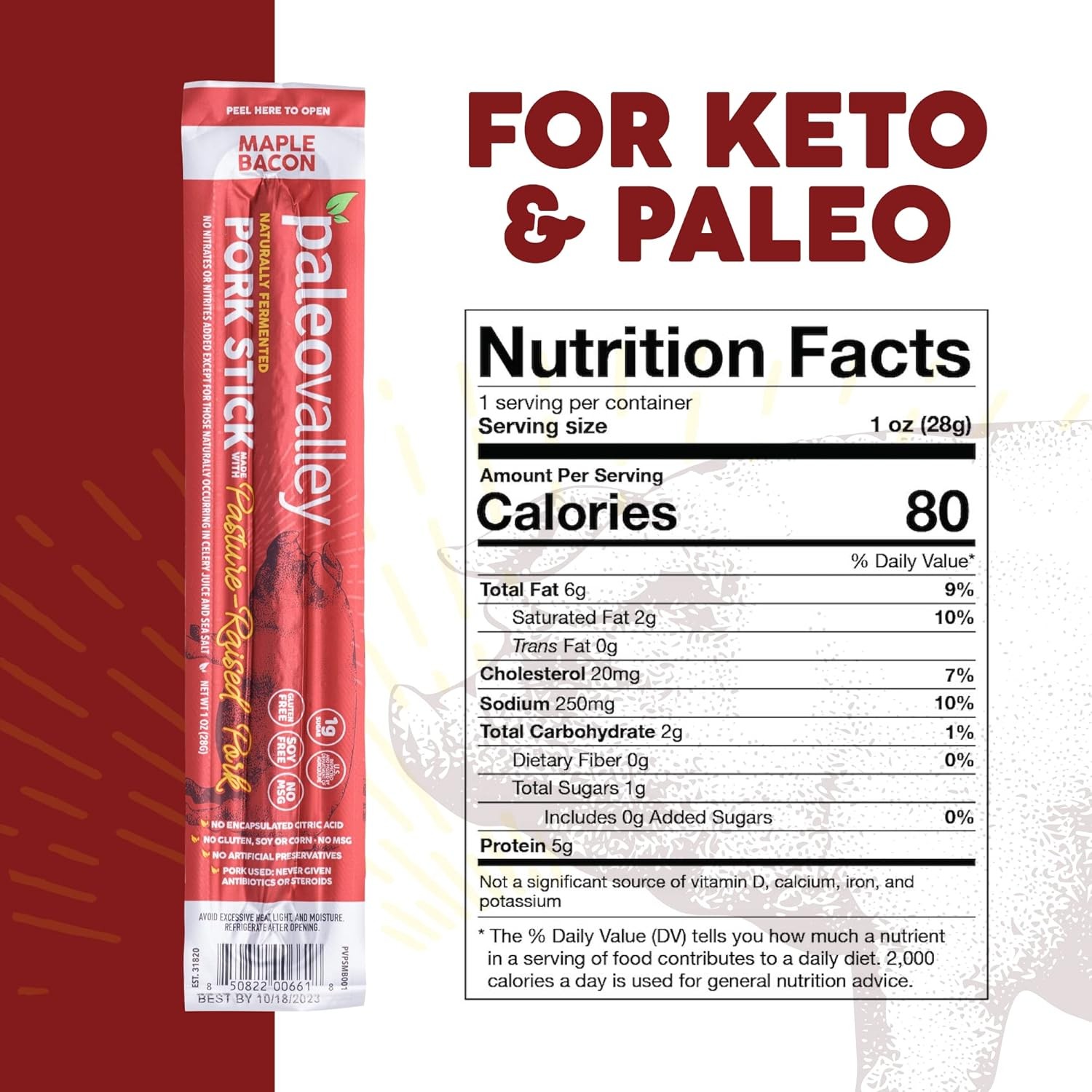 Paleovalley Pasture-Raised Pork Sticks – Maple Bacon 10 Count (Pack of 1)